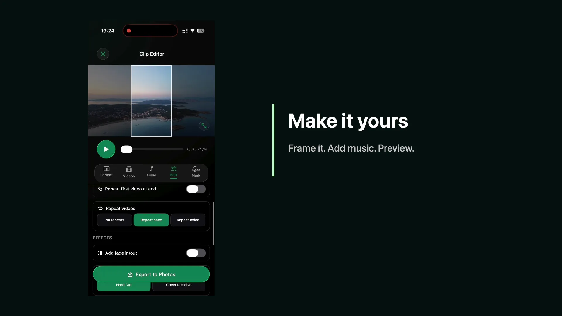 Clipsana editor preview with the words Make it yours
